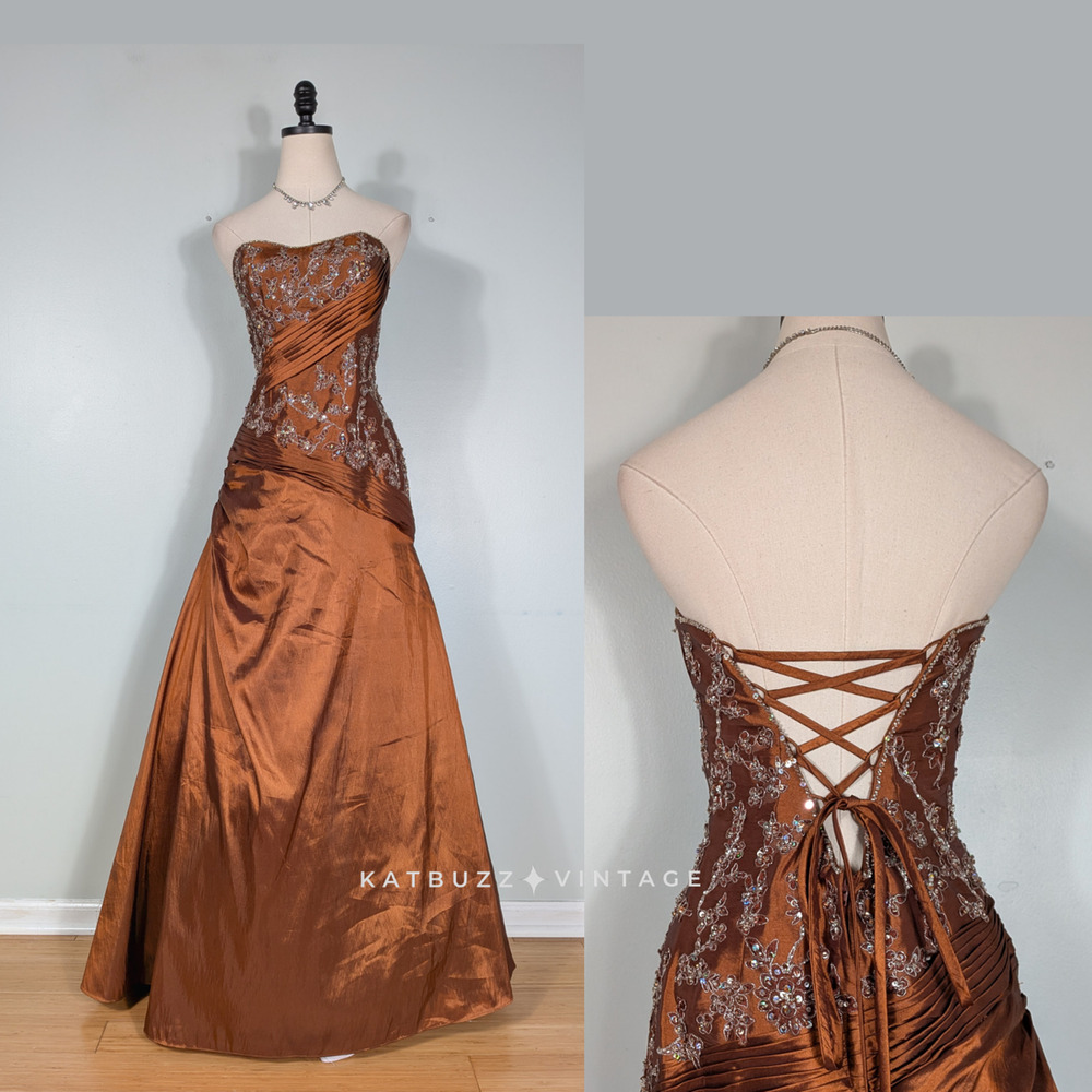 Y2K Prom Dress Maxi Gown 8 Brown Strapless Princess Corset Bead Glam Formal Ball